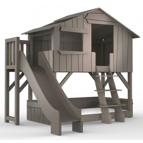 Lit Cabane superposé avec Toboggan et plateforme Mathy By Bols 90x190 cm - Lin