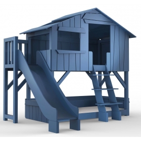 Lit Cabane superposé avec Toboggan et plateforme Mathy By Bols 90x190 cm - Bleu Atlantic