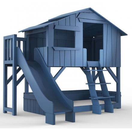 Lit Cabane superposé avec Toboggan et plateforme Mathy By Bols 90x190 cm - Bleu Atlantic