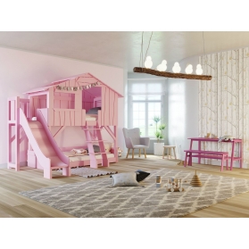 Lit Cabane superpos&eacute; avec Toboggan et plateforme Mathy By Bols 90x190 cm - Rose clair
