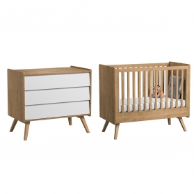 Pack Duo : Lit bébé évolutif 70 x 140 + Commode à langer Vintage VOX - Blanc / Naturel (plan inclus)