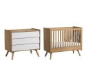 Pack Duo : Lit bébé évolutif 70 x 140 + Commode à langer Vintage VOX - Blanc / Naturel