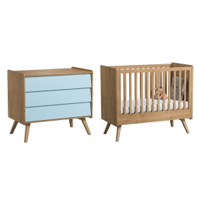 Pack Duo : Lit bébé évolutif 70 x 140 + Commode à langer Vintage VOX - Bleu / Naturel (plan inclus)