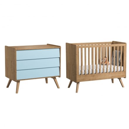 Pack Duo : Baby Bed 70 x 140 with transformation kit  + Dresser With Changing Table Vintage VOX - Blue  / Natural