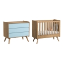 Pack Duo : Lit bébé évolutif 70 x 140 + Commode à langer Vintage VOX - Bleu / Naturel