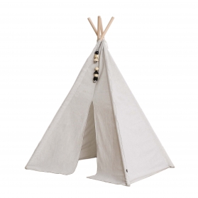 Tipi d'indien en toile blanche avec petits jouets en bois