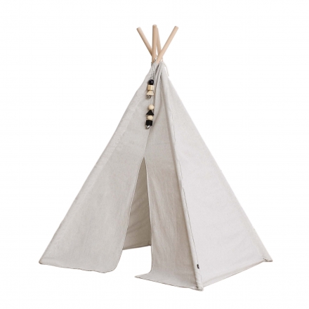 White canvas Indian tepee with small wooden toys