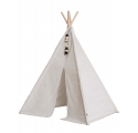Tipi d'indien en toile blanche avec petits jouets en bois