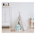 White canvas Indian tepee with small wooden toys