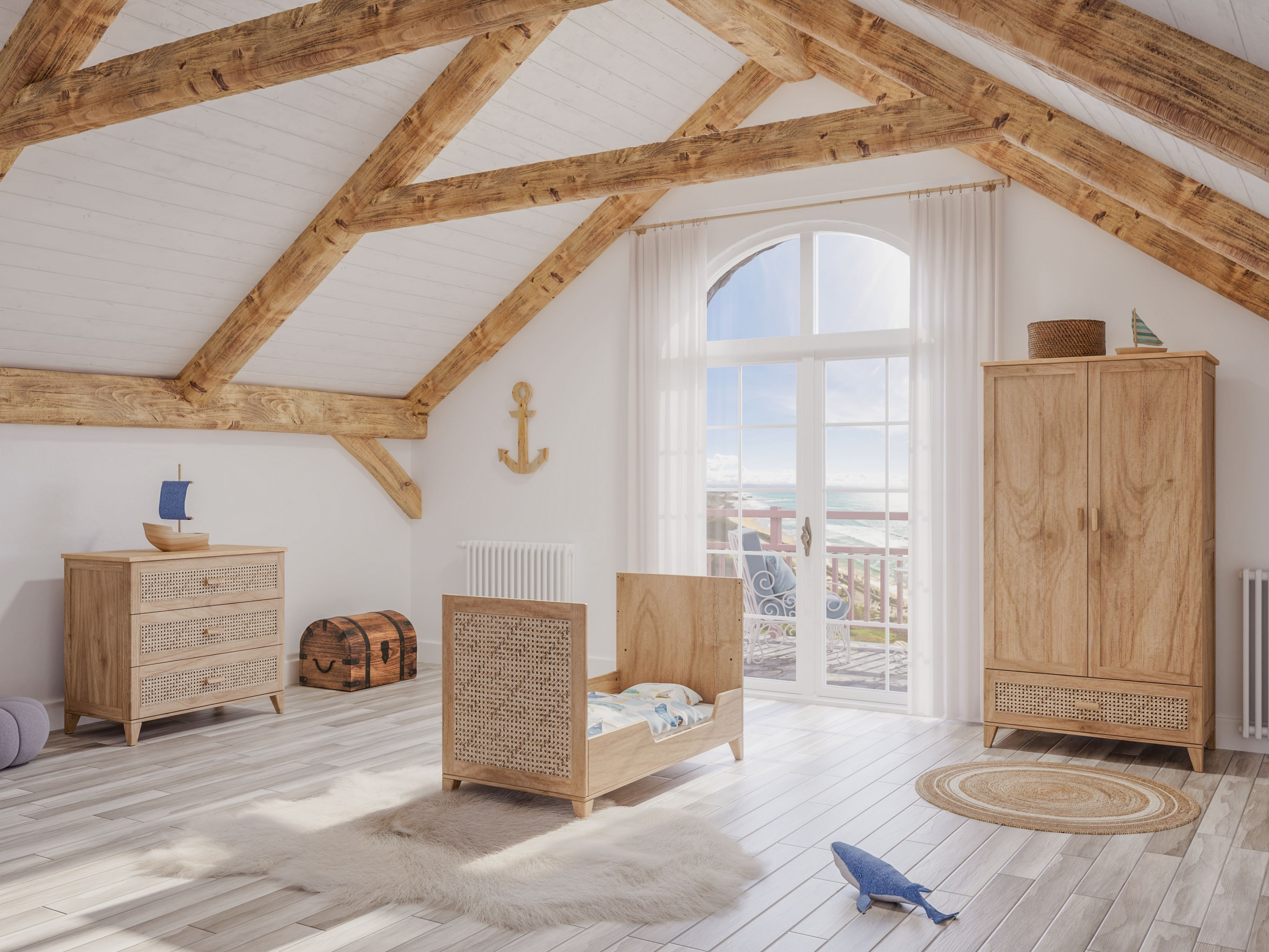 Armoire En Bois Massif Avec Portes En Rotin - Blanc, Pour Entrée, Rangement Chaussures, Linge