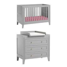 Pack Duo : Lit bébé évolutif 70 x 140 + Commode à langer MILENNE gris clair (plan inclus)