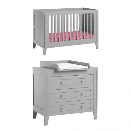 Pack Duo : Lit bébé évolutif 70 x 140 + Commode à langer MILENNE gris clair (plan inclus)