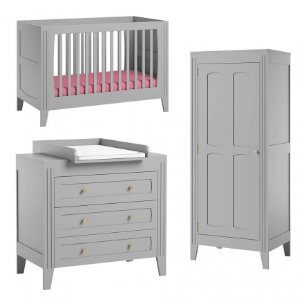 Pack Trio Chambre complète MILENNE : Lit bébé évolutif 70 x 140 + Commode à langer (plan inclus) + Armoire - Gris clair
