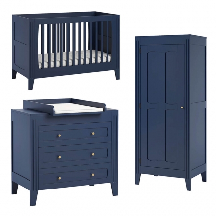 Pack Trio Chambre complète MILENNE : Lit bébé évolutif 70 x 140 + Commode à langer (plan inclus) + Armoire - Indigo